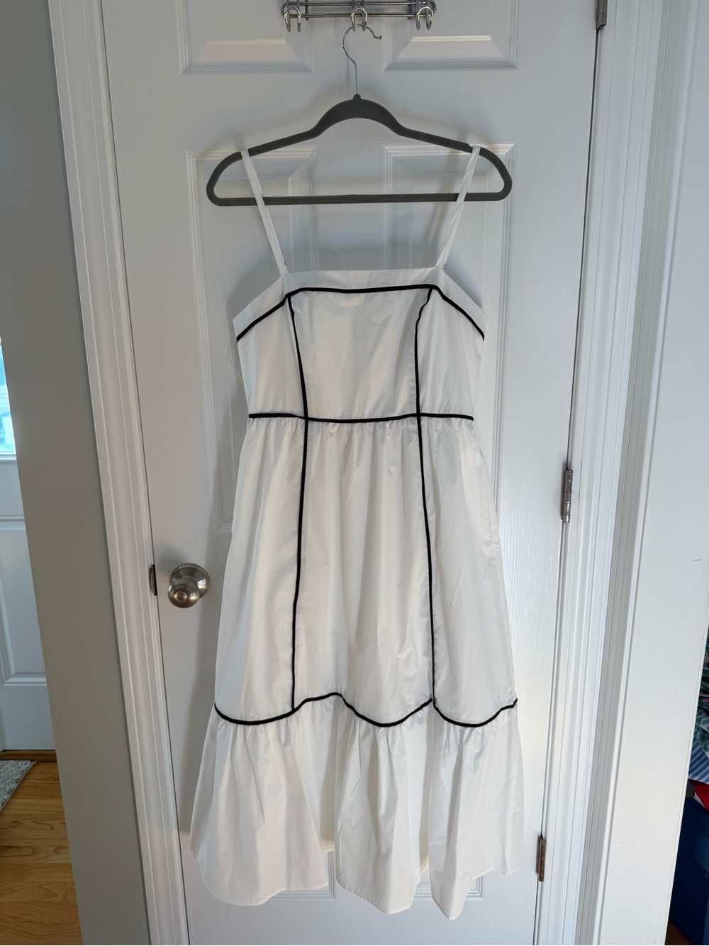 Main Strip White Dress with Black Piping